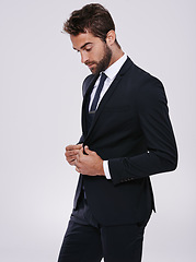 Image showing Businessman, studio and professional fashion suit, corporate work clothes with confident male person. Formal, gentleman pride in jacket and trendy black tie, classy and designer on mockup background
