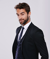 Image showing Businessman, studio and proud smile or fashion, corporate work clothes with confident male person. Formal, professional in jacket and trendy black tie, classy and designer on mockup background