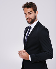 Image showing Businessman, studio and portrait fashion smile, corporate work clothes with confident male person. Formal, executive pride in jacket and trendy black tie, classy and designer on mockup background