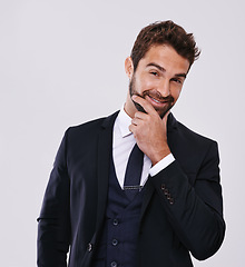 Image showing Groom, fashion and formal suit in studio, confident in black tie for wedding event. Elegant, classy male person and hands with blazer or trendy tuxedo, luxury jacket or clothes isolated on background