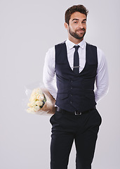 Image showing Studio, gift and portrait of businessman with rose bouquet for love, present and Valentines Day. Male person, flowers and face with happiness for romance, care and kindness on white background