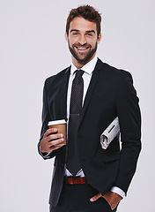 Image showing Coffee, newspaper and portrait of man with suit for fashion, style or formal wear isolated on white background. Male person, gentleman or businessman with trendy clothes, class or outfit in studio