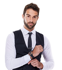 Image showing Portrait, corporate and man with watch for fashion, stylish and luxury for aesthetic of suit in studio. Adult, guy and male person in white background, tuxedo and professional for job and career