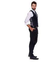 Image showing Serious, employee and man in suit for fashion, stylish and thinking for aesthetic of mockup in studio. Adult, guy and male person in white background, tuxedo and professional for job and career