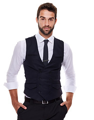 Image showing Studio, confident and portrait of businessman for fashion, stylish and luxury for aesthetic of suit. Adult, guy and male person in white background, gentleman and professional for job and career