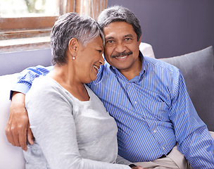 Image showing Love, portrait and elderly couple on sofa with smile for marriage, embrace and bonding together at home. Relax, retirement and senior people with happiness for romance, support or care in living room