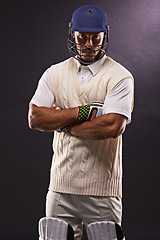 Image showing Man, portrait and cricket athlete or sports exercise in studio or professional match, competition or black background. Male person, gear and helmet on mockup for fitness training, performance or game