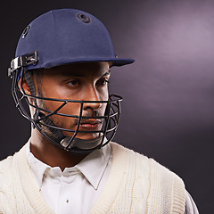 Image showing Man, cricket and athlete with sports helmet in studio for professional match, competition or black background. Male person, gear and exercise on mockup space for fitness training, performance or game