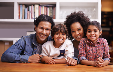 Image showing Portrait, smile and happy in family of home, parents and love for bonding in house. Daughter, father and mother on sofa for relax for Brazilian people, joy and together for quality time and support