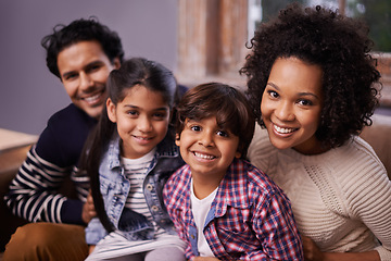 Image showing Portrait, family and children in lounge of home, love and bonding for parents. Smile, daughter and father with mother on sofa for relax for Brazilian people, happy and together and quality time