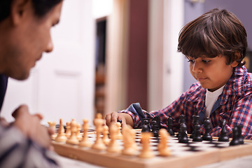 Image showing Child, father and chess strategy or planning checkmate move with knight, king or queen. Son, parent and thinking for competition learning or decision thoughts for playing, contest or problem solving