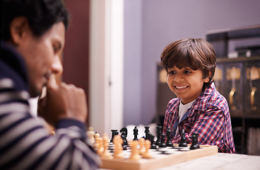 Image showing Child, father and chess game or thinking checkmate together for winning pawn, knight or queen. Son, man and board thoughts with strategy problem solving for planning play move, bonding or challenge