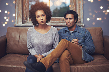Image showing Couple, couch and therapy fight for marriage problem or toxic cheating or dating break up, annoyed or divorce. Man, woman and unhappy stress on sofa with confession argument, counselling or angry