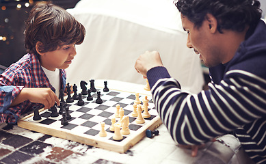Image showing Father, child and chess board game for competition challenge for planning strategy with pawn, knight or queen. Man, son and thinking choice for moving piece for winning play, holiday or connection