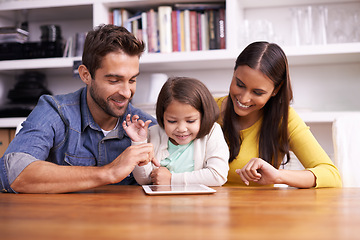 Image showing Mom, dad and child with tablet for game in teaching, learning and support in education with love. Elearning, digital app and parents with girl for help in homeschool, growth and development online