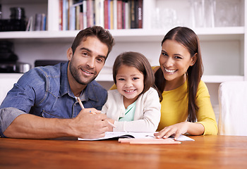 Image showing Mother, father and child in portrait with homework for teaching, learning or support in education with love. Writing, drawing and parents with happy little girl for homeschool, growth and development