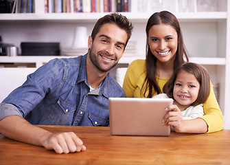 Image showing Mom, dad and child in portrait with tablet for teaching, learning or support in education with love. Elearning, digital app and parents with girl for help in homeschool, growth and development online