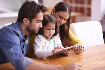 Image showing Mother, father and child at table with tablet for teaching, learning or support in education. Elearning, digital app and parents with girl for help in homeschool, growth or development in online game