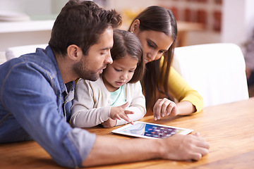 Image showing Mom, dad and child at table with tablet for teaching, learning and support in education with love. Elearning, digital app and parents with girl for help in homeschool, growth and development online