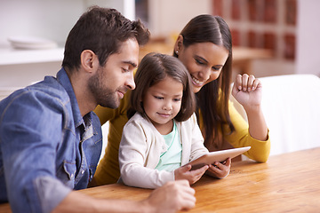 Image showing Mom, dad and kid with tablet for teaching, learning and support in education with love at table. Elearning, digital app and parents with girl for help in homeschool, growth and development online