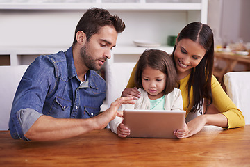 Image showing Mom, dad and child with help on tablet for teaching, learning and support in education with love. Elearning, digital app and parents with girl for homeschool, growth and development with online games