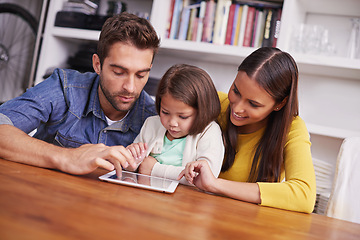 Image showing Mom, dad and child in home with tablet for teaching, learning and support in education with love. Elearning, digital app and parents with girl for help in homeschool, growth and development online