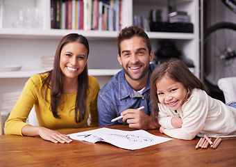 Image showing Mom, dad and child in portrait with homework for teaching, learning and support in education with love. Writing, drawing and parents with small daughter for help in homeschool, growth and development