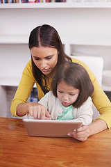 Image showing Internet, home and mother with girl, tablet and digital app with connection and smile with website. Bonding together, family or mama with daughter or relax with tech, game or typing with social media