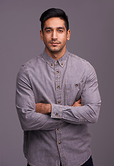 Image showing Crossed arms, professional and portrait of business man in studio with company pride, confidence and serious. Startup, agency and face of isolated person for career, work and job on gray background