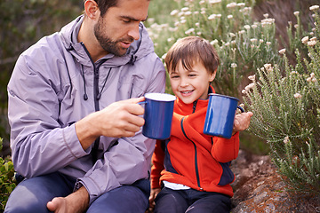 Image showing Dad, child and camping mug with smile from hiking, travel and journey in nature with adventure. Backpack, youth and father with love, support and trust together outdoor with drink and cheers for fun