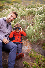 Image showing Dad, child and binoculars with smile from hiking, travel and watching in nature with adventure. Parent, youth and father with love, support and trust outdoor with fun and view on trip with walking