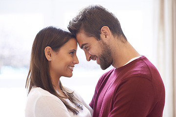 Image showing Happy couple, forehead and love with romance for affection, embrace or intimacy in support or care at home. Man and woman with smile in happiness, romantic relationship or bonding on holiday weekend