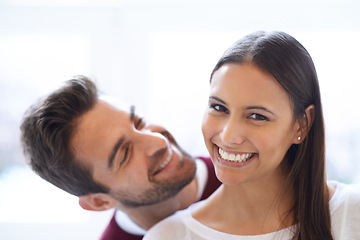 Image showing Hug, portrait and happy couple in a house with love, trust and security, support or bonding at home. Marriage, commitment or face of people in a living room with romance, care or gratitude in a house