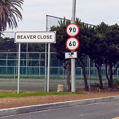 Image showing Road sign, speed and warning with traffic camera, mistake or humor with comic text in neighborhood. Beaver typo, error and funny signage with writing, language or wrong spelling for direction in town