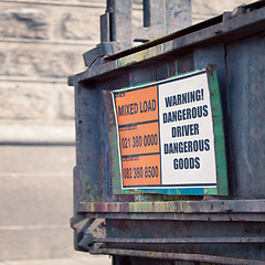 Image showing Truck, warning and sign on vehicle in city for caution, notification and information. Public signage, symbol and humor or mistake on board, poster and message for attention, transport and safety