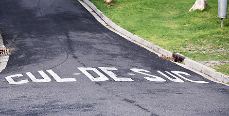 Image showing Cul de sac, road and outdoor with sign for warning with mistake, joke or comic text in neighborhood. Asphalt, error and funny signage with writing, language and wrong spelling for direction on street