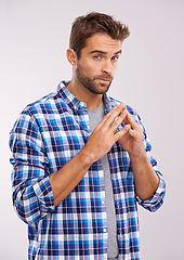 Image showing Man, portrait and hands thinking for vision idea in studio with future problem solving, solution or white background. Male person, face and thoughts with confidence, mockup space or contemplation