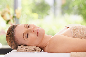 Image showing Woman, face and peace at spa, massage and wellness with calm and self care for bodycare. Cosmetics, beauty and facial, relax with eyes closed at luxury resort and treatment for stress relief