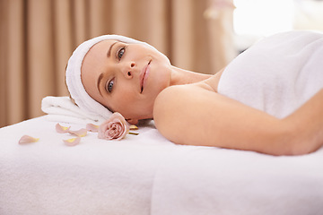 Image showing Woman, portrait and spa massage for relax treatment or holiday in Thailand for zen wellbeing, vacation or stress relief. Female person, face and skincare facial or pamper session, resort or peace