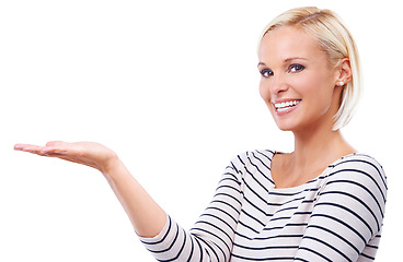 Image showing Woman, portrait and hand for presentation of mockup space for discount promotion, advertising or announcement. Female person, face and palm on white background in studio or sales, choice or selection