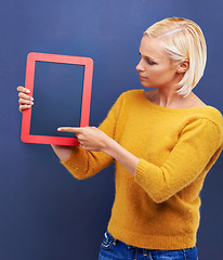 Image showing Woman, studio and point to frame board, presentation and mockup for advertisement, customer and checklist. Options, choice with idea for announcement and notification, information with female person