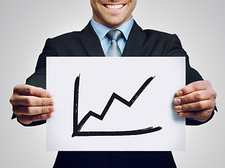 Image showing Businessman, hands and poster with stock market, chart or graph for financial profit on a white studio background, Closeup of man or employee showing corporate growth, report or increase of finance