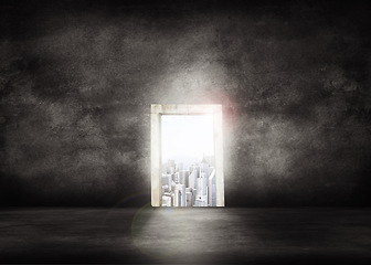 Image showing Door, light and world with opportunity in city for career, ambition or path to buildings on a dark studio background. Empty room, frame or sunshine with direction to corporate possibilities on mockup