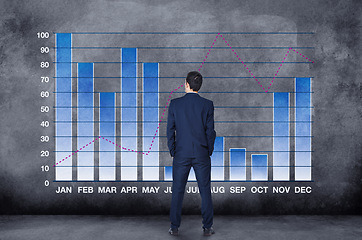 Image showing Businessman, thinking and trading with hologram of financial growth or calendar on a gray studio background. Rear view of man or trader checking graph, chart or profit of corporate data or finance