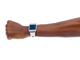Image showing Smartwatch, futuristic or wrist for sports, heartbeat information or fitness progress with white background. Gadget, digital and hand for technology product, monitor data or timer in studio backdrop