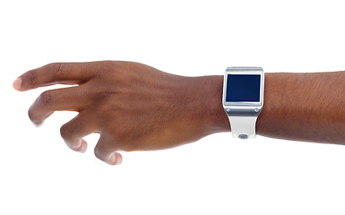 Image showing Smartwatch, hand and closeup of man in studio for fitness, workout and running app with technology. Health, sports and digital time on arm of male athlete for training or exercise by white background