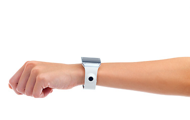 Image showing Smart watch, technology or hand for sports, heartbeat information or fitness progress with white background. Gadget, digital and wrist for futuristic product, monitor data or timer in studio backdrop