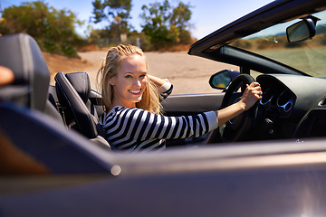 Image showing Woman, sports car and portrait on road trip, nature and luxury transport on summer drive. Female person, holiday and countryside wellness in convertible outdoors, vacation and adventure in vehicle