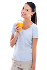 Image showing Woman, studio and smoothie with fruit, health and wellness for diet and weight loss. Girl, nutrition and drink for happiness, wellbeing and satisfaction with raw fresh organic vitamins and minerals