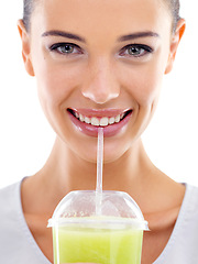 Image showing Woman, portrait and smoothie for drinking in studio, nutrition and smile for taste on white background. Happy female person, diet and milkshake for weight loss or detox, minerals and organic fiber